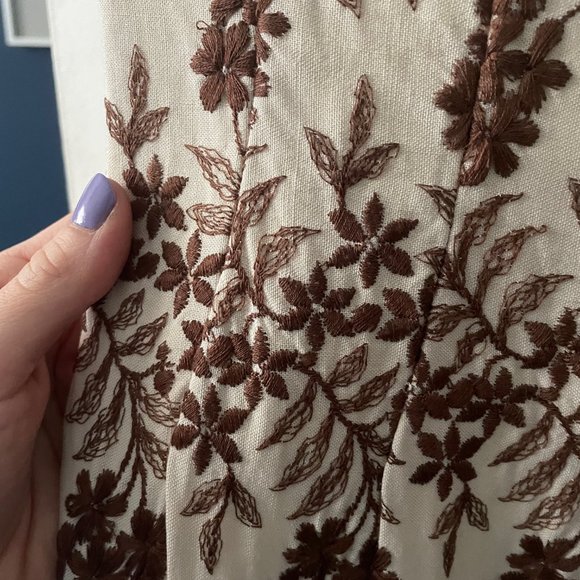 Vintage 50s Dress - Beige Cotton Linen Brown Floral embroidery - Picture 6 of 7